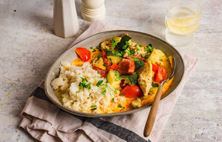 Kurczak po tajsku z ryżem z kalafiora i sosem curry